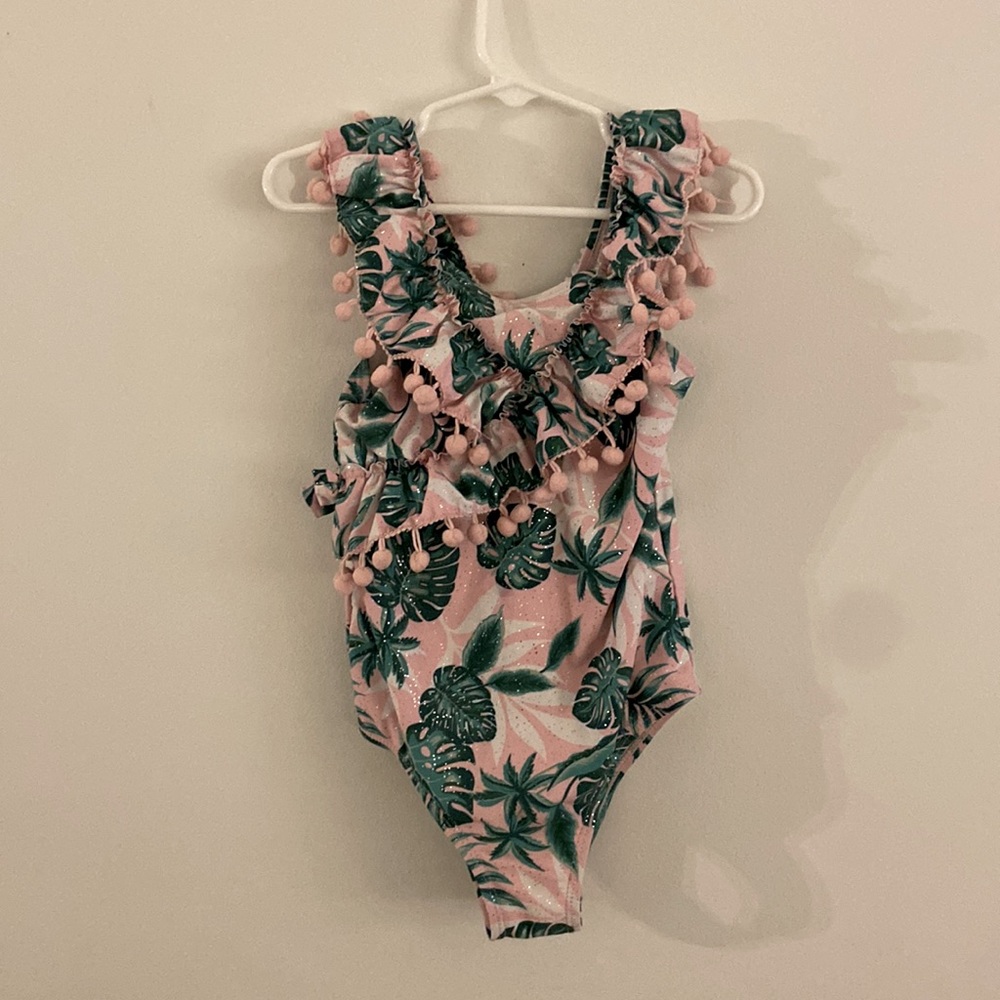 Girls pink and green tropical one piece bathing suite, size 6x
